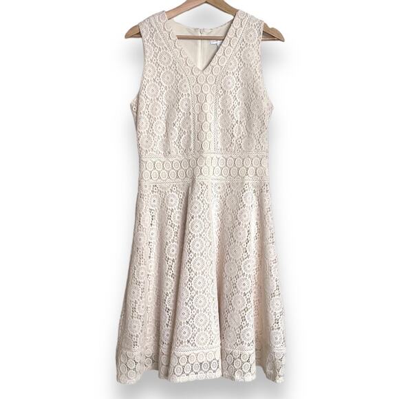 NWT Charter Club Cream Crochet Lace V Neck Fit n Flare Sleeveless Dress Size M - Picture 1 of 9